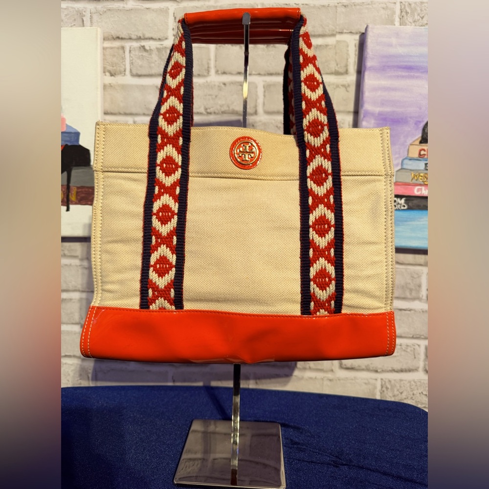Tory Burch Canvas Tote Orange Patent Accents
